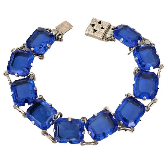 Sterling Silver Sapphire Antique Art Deco Faceted Blue Glass Link Panel Bracelet - Picture 1 of 7